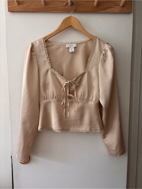 Silky Lace-Trim Tie-Front Blouse — Cream
